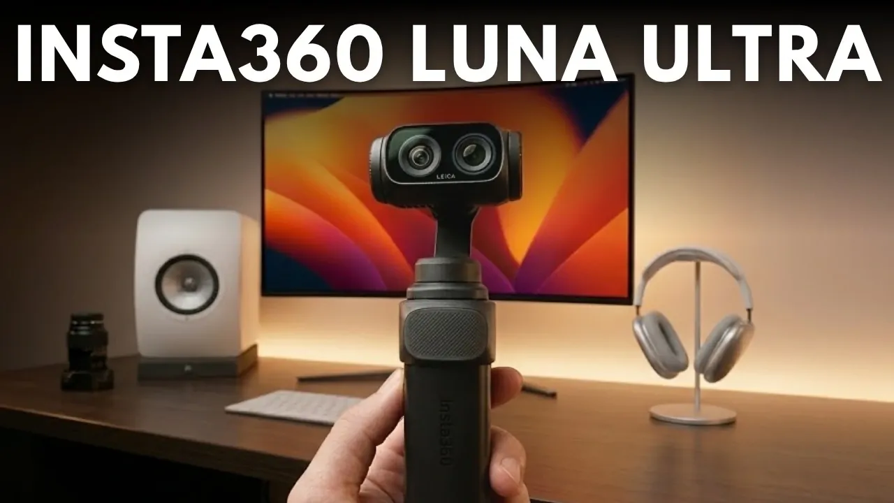 Insta360 Luna Ultra dual-camera system next to a DJI compact camera.