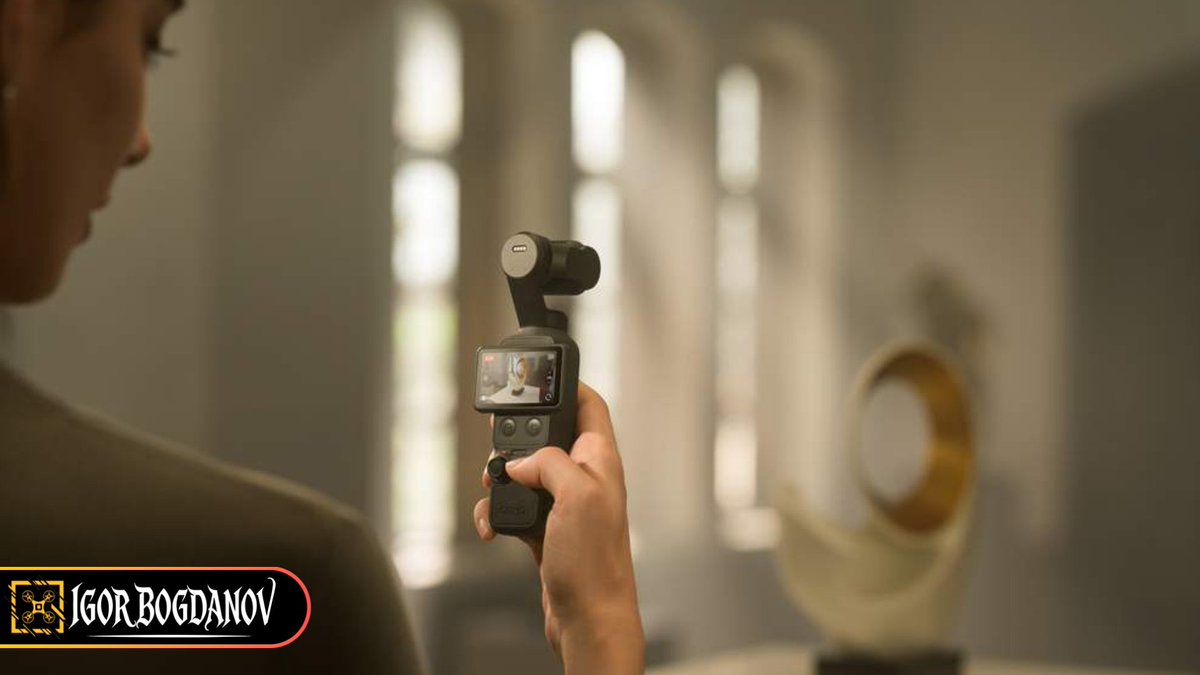 Official press image of DJI Osmo Pocket 4 (Part 1 from Quadro_News three-part set) showing front view with screen and controls.